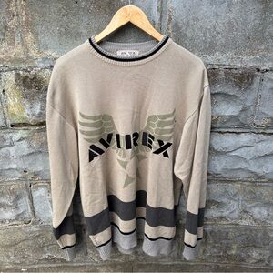 Vintage Avirex Sweater Mens XL Beige Black Embroidered Logo Crewneck Y2K